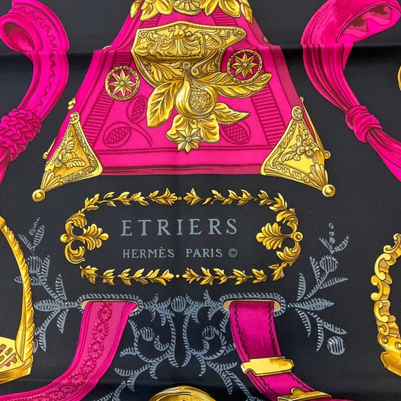 HERMES BLACK / PINK MULTI ETRIERS PRINT SQUARE SILK TWILL SCARF - Picture 2 of 5